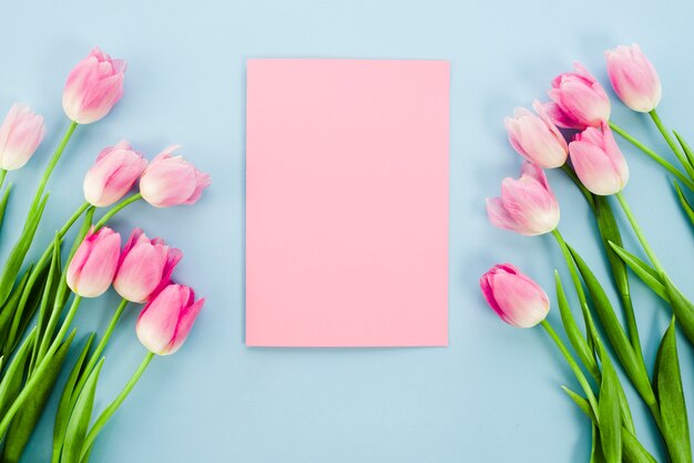 Flores de tulipa com papel em branco na mesa azul