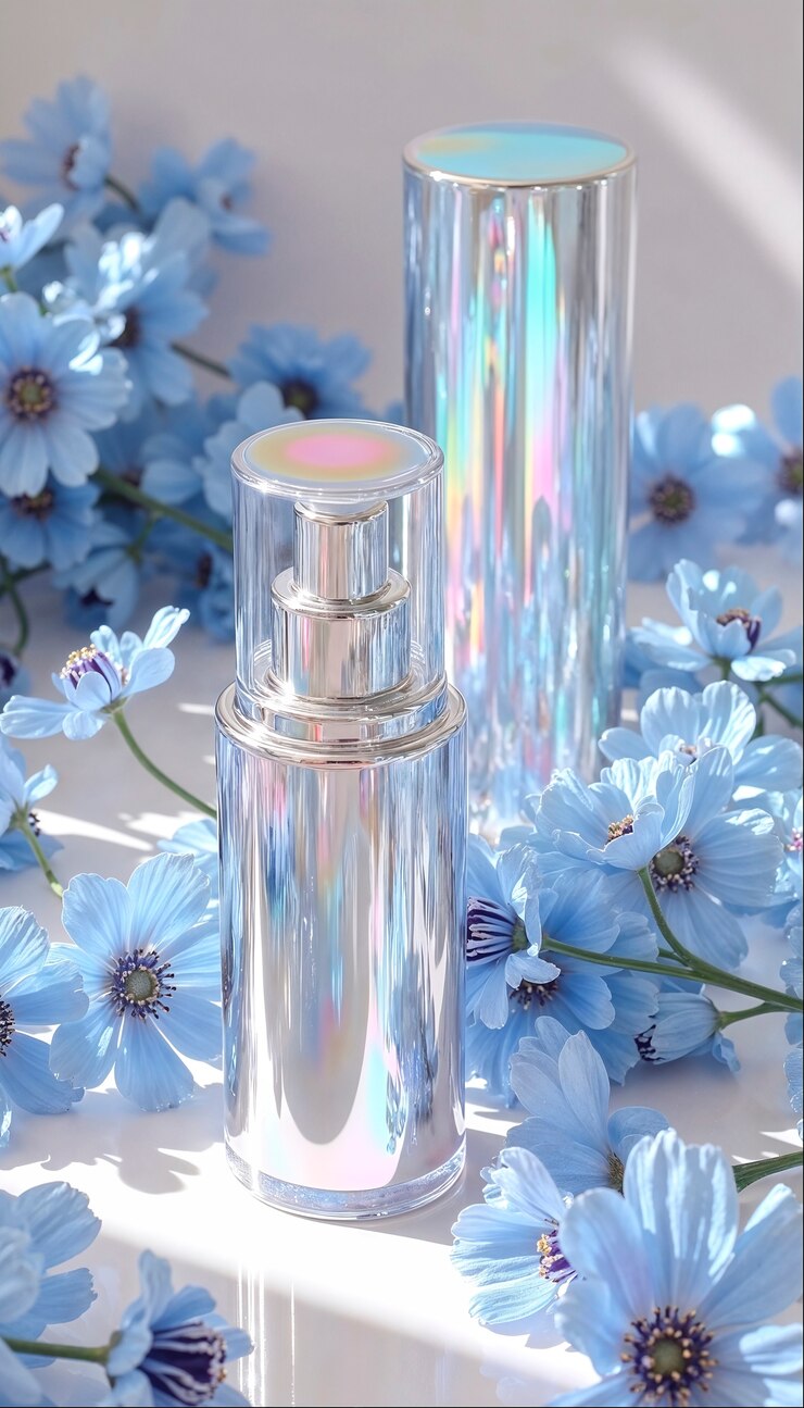 Flores em torno de embalagens de beleza iridescentes