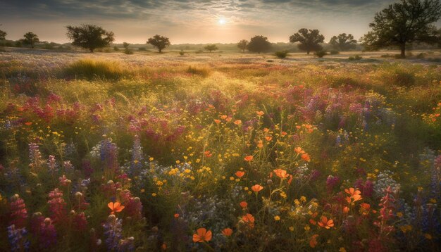 Flores silvestres florescem em prados serenos ao pôr do sol gerados por IA