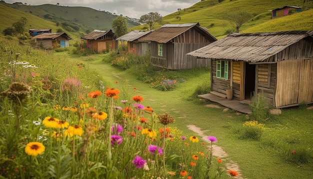 Foto grátis flores silvestres frescas florescem em uma cabana de montanha rústica gerada por ia