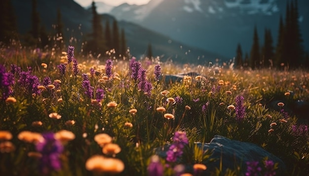 Foto grátis flores silvestres roxas florescem no prado ao entardecer geradas por ia