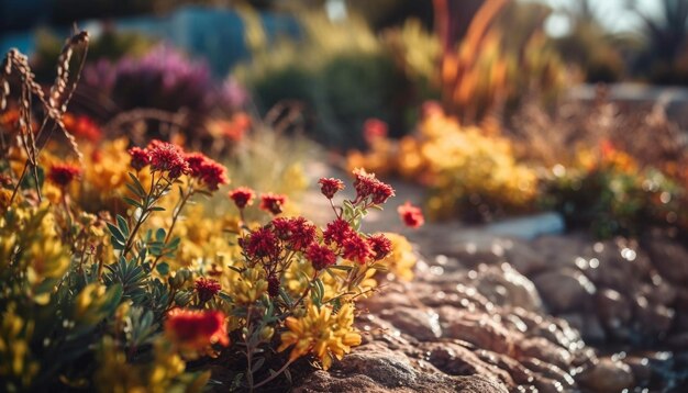 Flores silvestres vibrantes trazem tranquilidade ao prado rural gerado pela IA