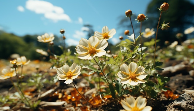 Foto grátis flores vibrantes de camomila em um prado simbolizando a beleza da natureza gerada pela inteligência artificial