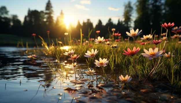 Flores vibrantes do prado do pôr do sol florescem em um reflexo tranquilo da natureza gerada pela inteligência artificial