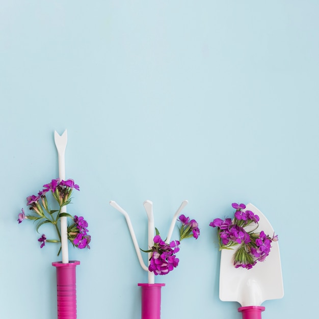 Flores violetas em ferramentas de jardinagem
