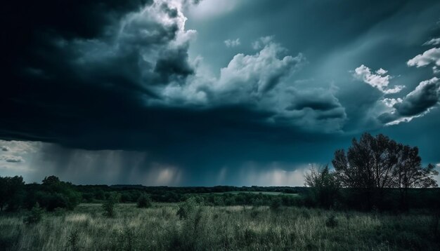 Floresta assustadora ao entardecer nuvens de tempestade sinistras se reúnem geradas por IA