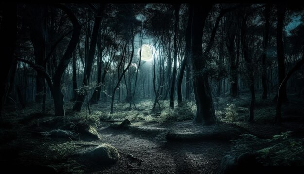 Floresta assustadora, mistério, horror, beleza na natureza, gerada por IA