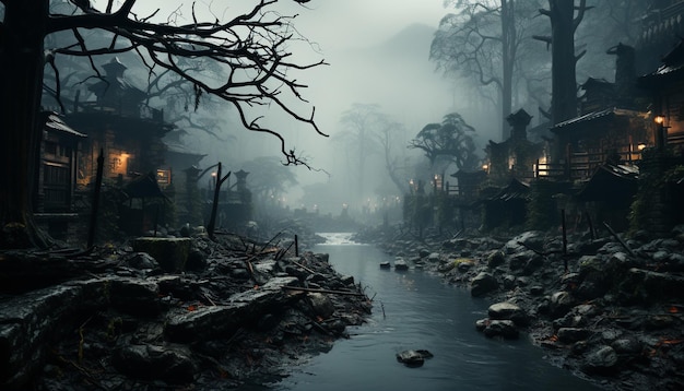 Floresta assustadora noite escura paisagem misteriosa antigo edifício abandonado gerado por inteligência artificial