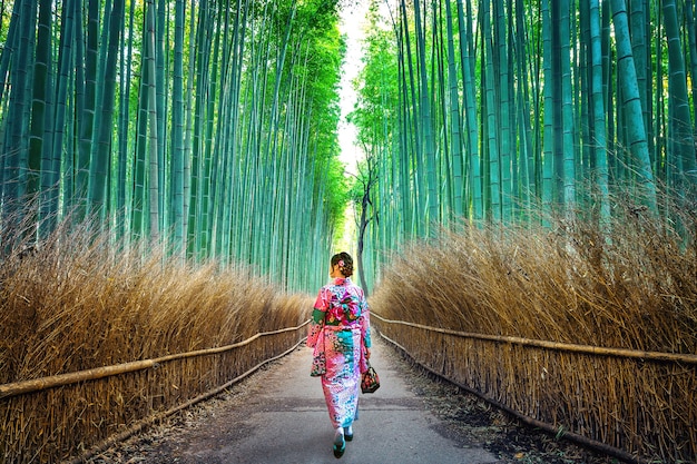 Floresta de bambu. mulher asiática vestindo quimono tradicional japonês na floresta de bambu em kyoto, japão.