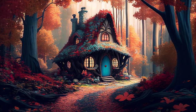 Floresta de outono, noite assustadora, arquitetura antiga, janela misteriosa gerada por IA