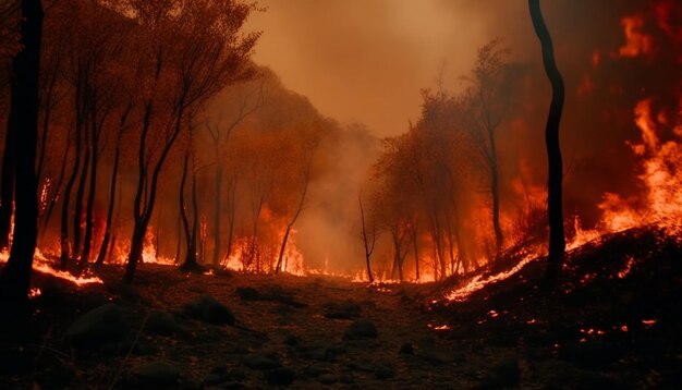 Floresta em chamas, mistério assustador, inferno de chamas, IA generativa