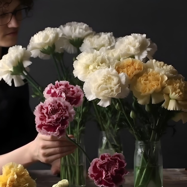 Foto grátis florista criando um buquê de flores de cravo em fundo escuro