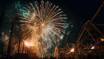 Foto grátis fogos de artifício são acesos no céu noturno acima de uma ponte.