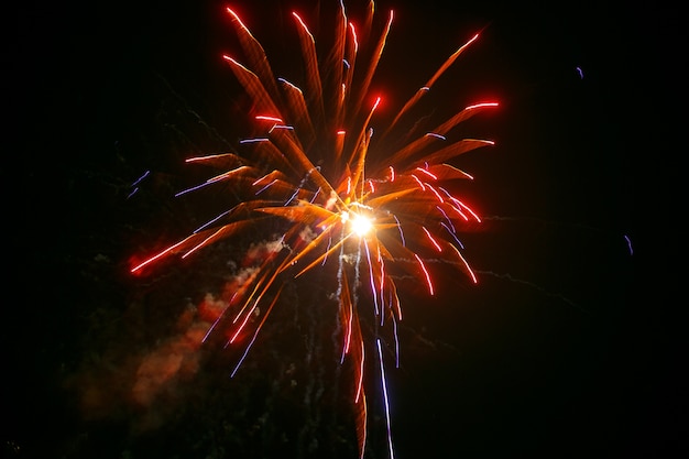 Fogos de artifício vermelhos, amarelos e azuis espalhados por espumante