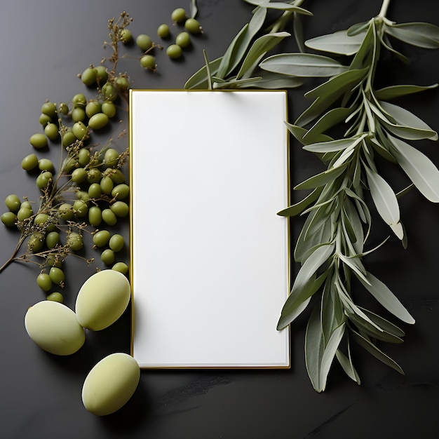 Foto grátis folha de oliveira com etiqueta branca em branco no fundo da parede preta