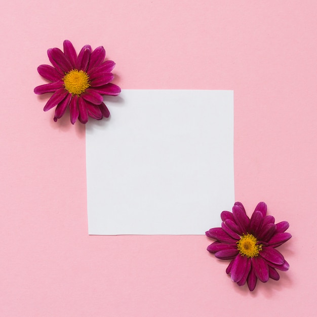 Foto grátis folha de papel em branco com flores na mesa