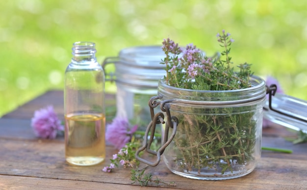 Folha de planta aromática com frasco de vidro e óleo em uma garrafa disposta sobre uma mesa em um jardim