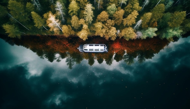 Folhas amarelas refletem em lagoa tranquila na floresta gerada por IA