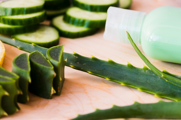 Folhas de aloe vera com um frasco de creme de beleza