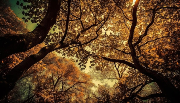 Folhas de outono vibrantes iluminam o tranquilo caminho da floresta gerado pela IA