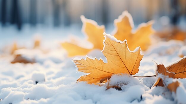 Folhas secas de outono com neve durante o início do inverno