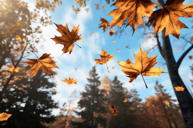 Folhas secas de outono flutuando com o fundo do céu