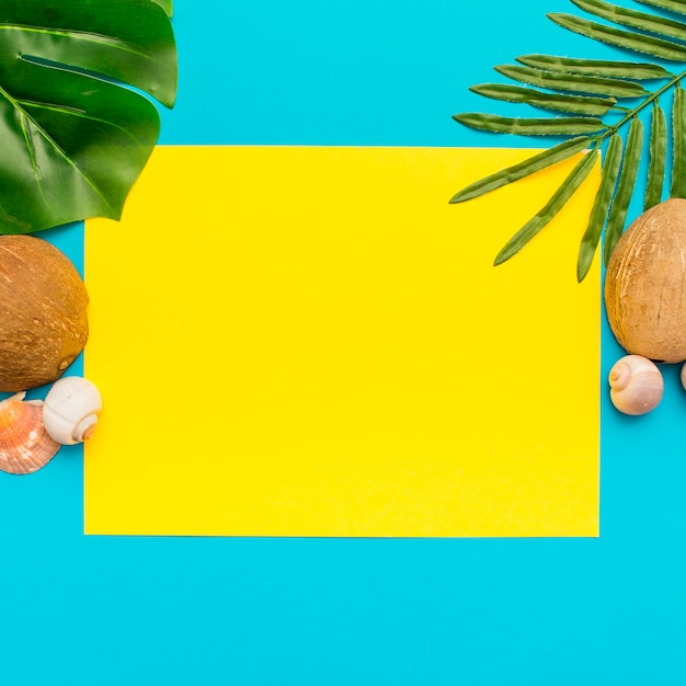 Folhas tropicais diferentes em um fundo azul e amarelo