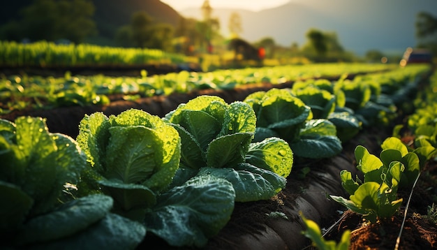 Folhas verdes e plantas crescem no frescor da natureza ao ar livre gerado pela inteligência artificial