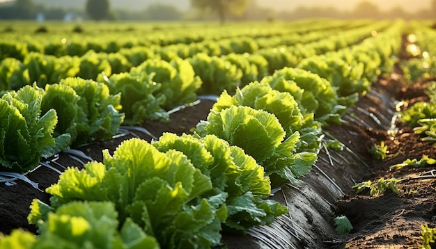 Folhas verdes frescas crescem em uma horta gerada pela IA