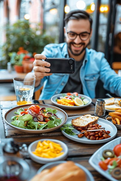 Foto grátis food content creator filming variety of dishes to upload on the internet