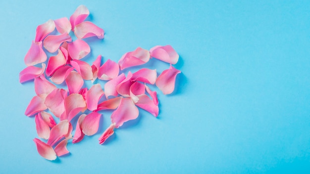 Forma de coração de pétalas de rosas na mesa