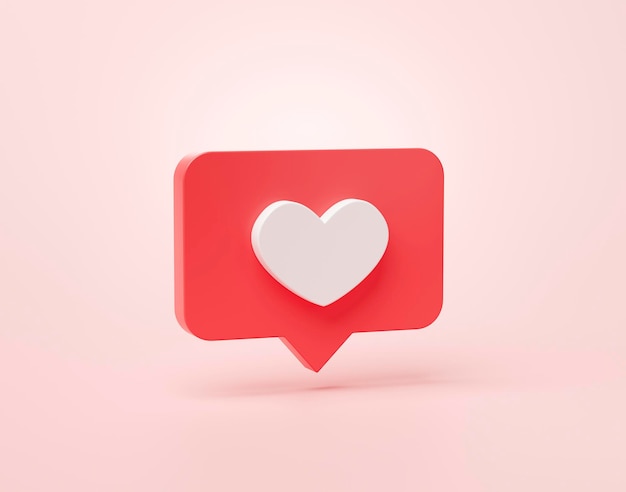 Forma de coração ou ícone de notificação de mídia social favorito em bolhas de fala 3d cartoon banner website ui em fundo rosa ilustração de renderização 3d