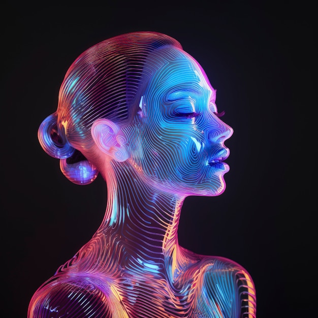 Forma de mulher 3D brilhando com cores holográficas brilhantes