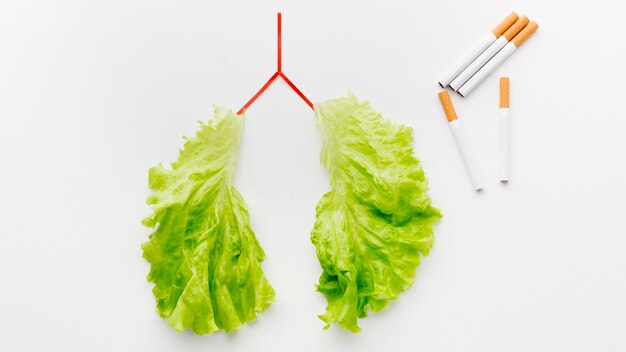 Forma de pulmões com salada verde e cigarros