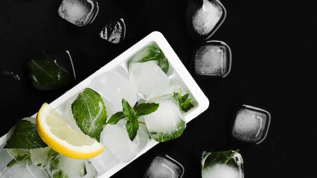 Foto grátis forma para gelo, cubos de gelo e fatia de limão