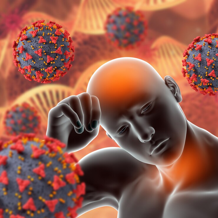 Foto grátis formação médica 3d com células do vírus covid 19 e figura masculina com febre e dor de garganta