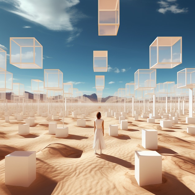 Formas geométricas surrealistas no deserto estéril