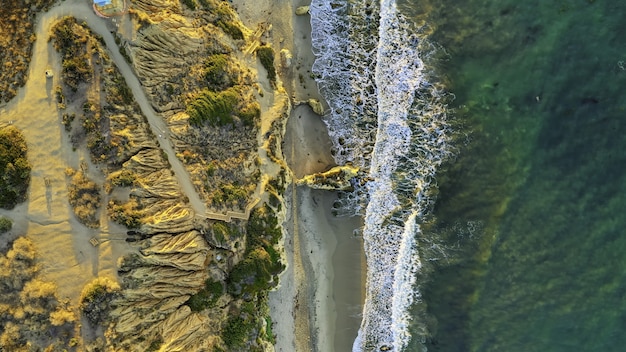 Foto aérea de uma bela praia com areia e árvores verdes