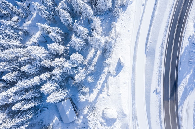 Foto aérea de uma floresta com árvores cobertas de neve e uma estrada de mão dupla na lateral