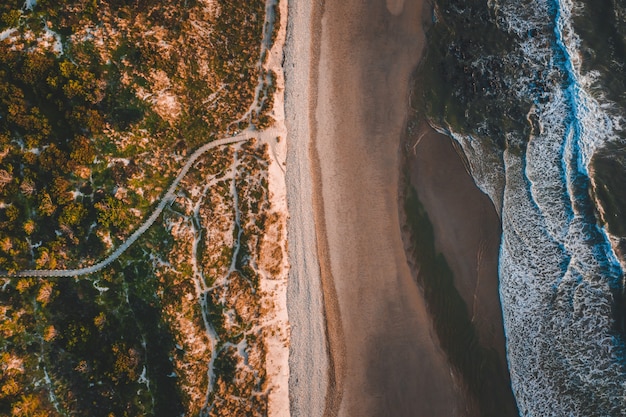 Foto aérea do belo litoral com uma praia de areia