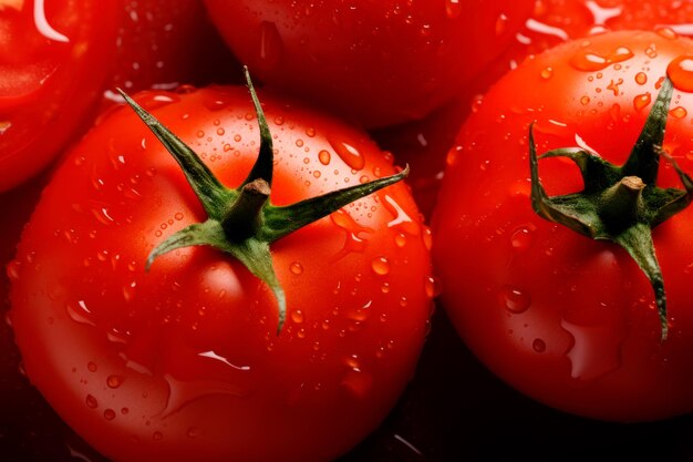 Foto aproximada de tomates frescos com gotas de água