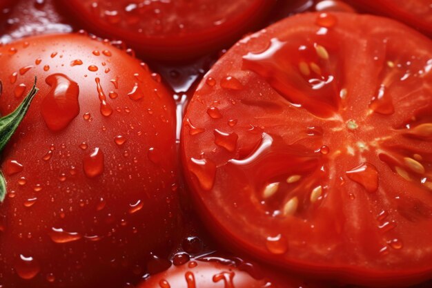 Foto aproximada de tomates frescos vermelhos com gotas de água