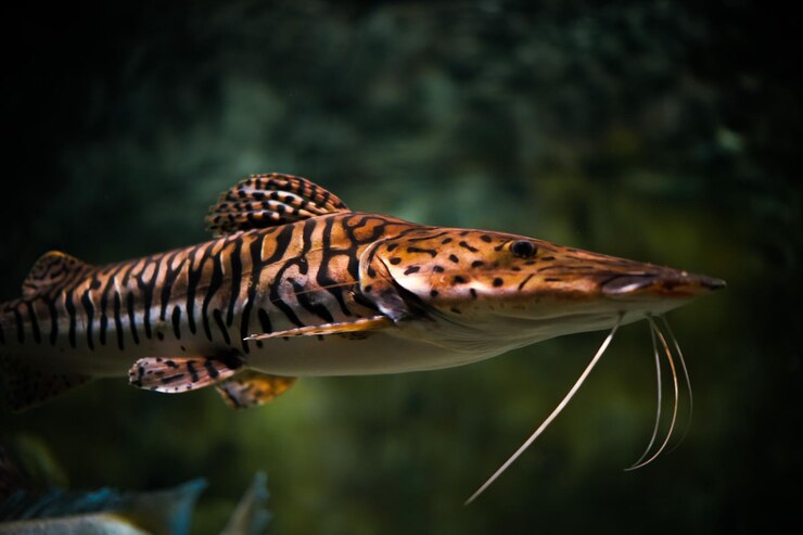 Foto grátis foto aproximada de um peixe-gato com nariz-de-pá-tigre nadando no aquário