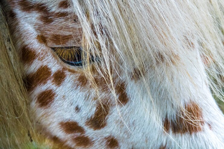 Foto grátis foto aproximada do rosto de um cavalo branco com pontos marrons