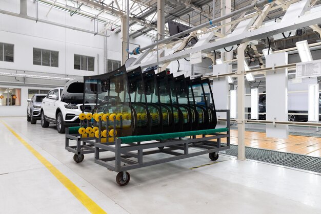 Foto da linha de produção de automóveis Soldagem de carroceria de carro Moderna fábrica de montagem de automóveis Indústria automobilística Interior de uma fábrica de alta tecnologia produção moderna