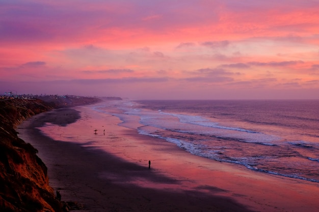 Foto de alto ângulo de uma bela praia sob o pôr do sol de tirar o fôlego