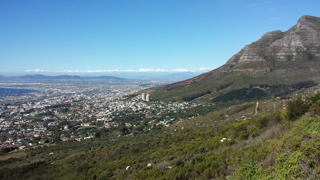 Foto de alto ângulo de uma cidade no sopé de uma bela montanha sob um céu azul claro