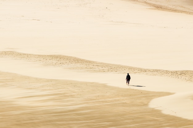 Foto de alto ângulo de uma pessoa andando descalço nas areias quentes do deserto