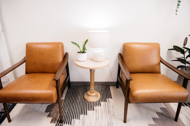 Foto de ângulo alto de cadeiras marrons com lâmpada branca e uma planta de casa em uma mesa na sala de estar
