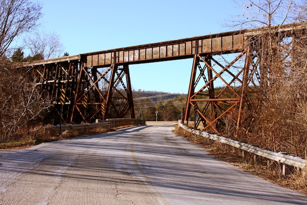 Foto de baixo ângulo de uma ponte ferroviária enferrujada cercada por árvores sem folhas